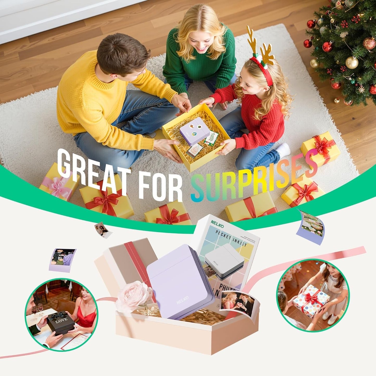 Nelko Photo Printer, PP01 Color Mini Portable Printer, Instant Smartphone Inkjet Printer, Sticky-Back Rechargeable Portable Picture Printer for Ios & Android Family, Purple
