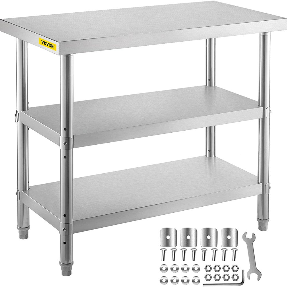 brand Outdoor Food Prep Table, 48 X 14 X 33 Inches Commercial Stainless Steel Table, 2 Adjustable Undershelf, Kitchen Work Table, for Garage, Home and Kitchen Silver