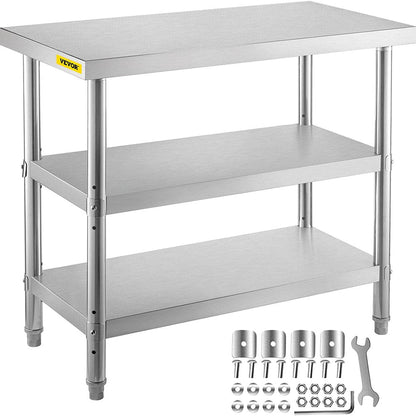 brand Outdoor Food Prep Table, 48 X 14 X 33 Inches Commercial Stainless Steel Table, 2 Adjustable Undershelf, Kitchen Work Table, for Garage, Home and Kitchen Silver