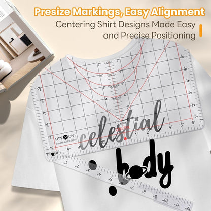 Tshirt Ruler Guide for Vinyl Alignment - Transparent PVC Tshirt Measurement Tool for Heat Press in HTV Vinyl, All-In-One T Shirt Ruler to Center Design and Craft Sewing
