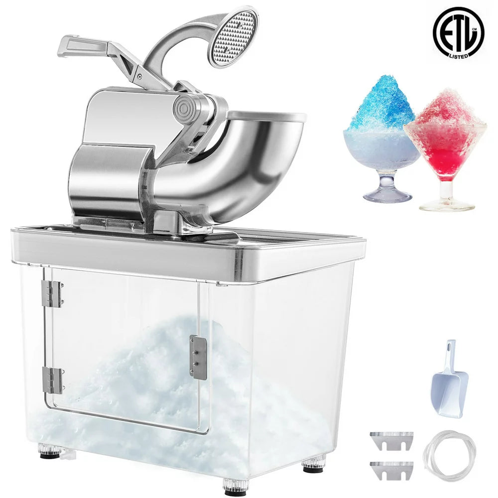 brand 110V Commercial Ice Crusher 440LBS/H, ETL Approved 300W Electric Snow Cone Machine with Dual Blades, Stainless Steel Shaved Ice Machine with Safety On/Off Switch