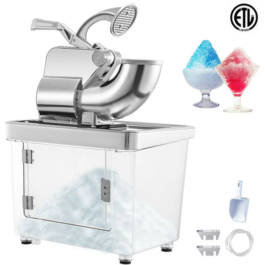 brand 110V Commercial Ice Crusher 440LBS/H, ETL Approved 300W Electric Snow Cone Machine with Dual Blades, Stainless Steel Shaved Ice Machine with Safety On/Off Switch