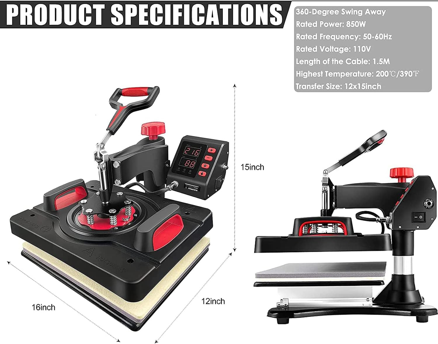 WHUBEFY Upgraded Heat Press Machine for Shirts 15 X 12 Inch T Shirt Press Machine 360-Degree Swing Digital Shirt Printing Heat Transfer Sublimation Machine 5 in 1 Combo for T Shirts Mugs Hat Plate Cap