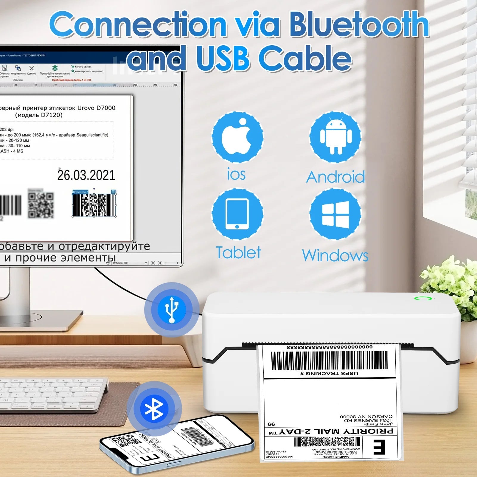 Bluetooth Thermal Shipping Label Printer, Wireless 4X6 Label Printer for Shipping Package and Small Business, Compatible with Android Ios Windows Mac, High Speed Labels Maker Printer