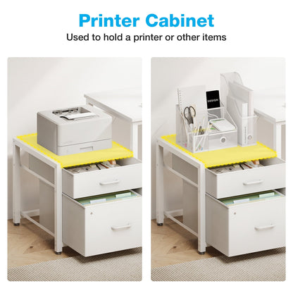 L Shaped Desk with Power Outlets, Large Computer Desk with File Drawer, Home Office Desk with Printer Stand & Storage Shelves, Corner Desk, White