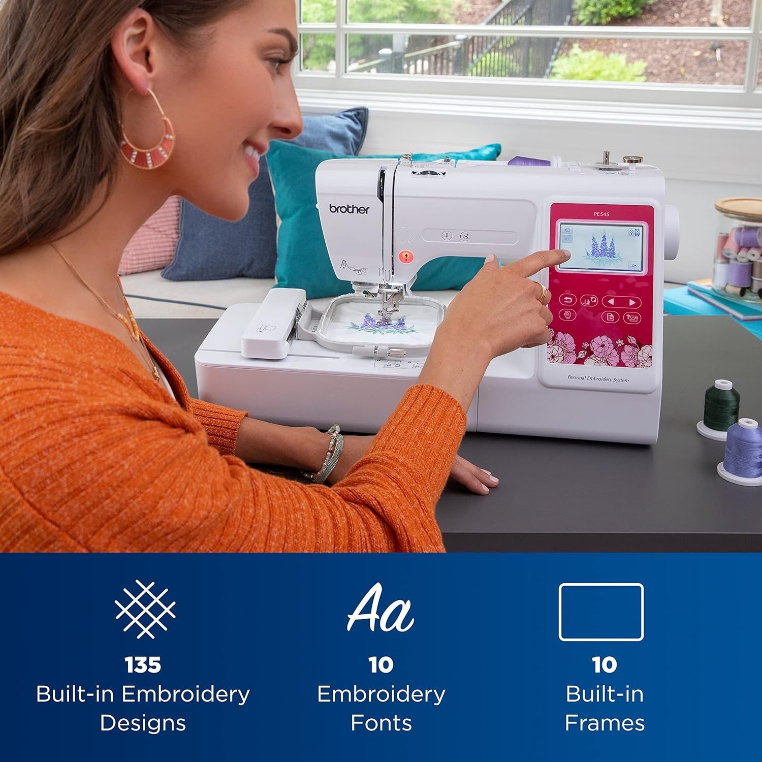 Brother PE545 Embroidery Machine, Wireless LAN Connected, 135 Built-In Designs, 4" X 4" Hoop Area, Large 3.7" LCD Touchscreen, USB Port, 10 Font Styles