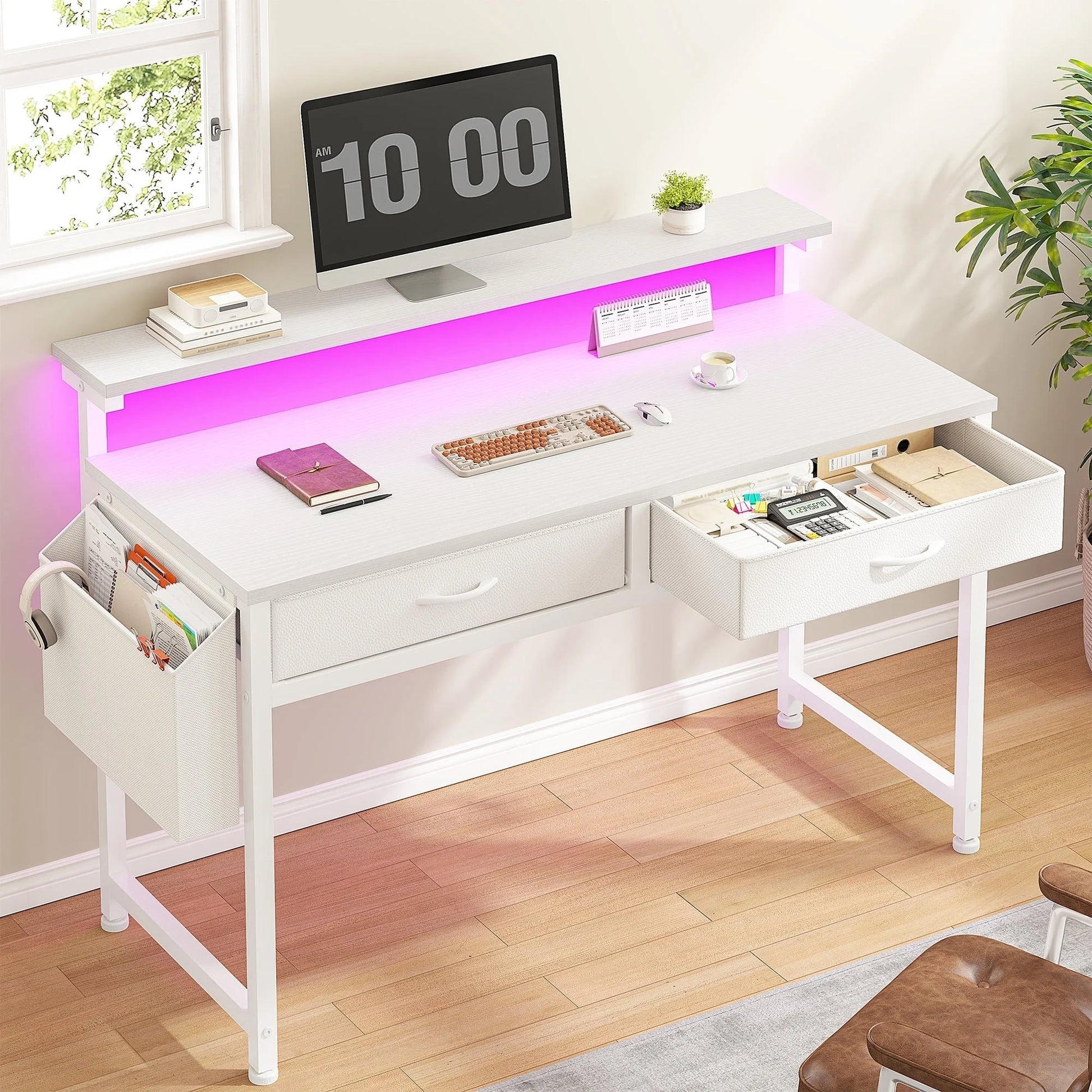 Computer Desk with LED Lights, 2 Fabric Drawers & Side Pocket, Small Desk with Monitor Stand for Home Office, Gaming, Small Spaces, White