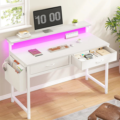 Computer Desk with LED Lights, 2 Fabric Drawers & Side Pocket, Small Desk with Monitor Stand for Home Office, Gaming, Small Spaces, White