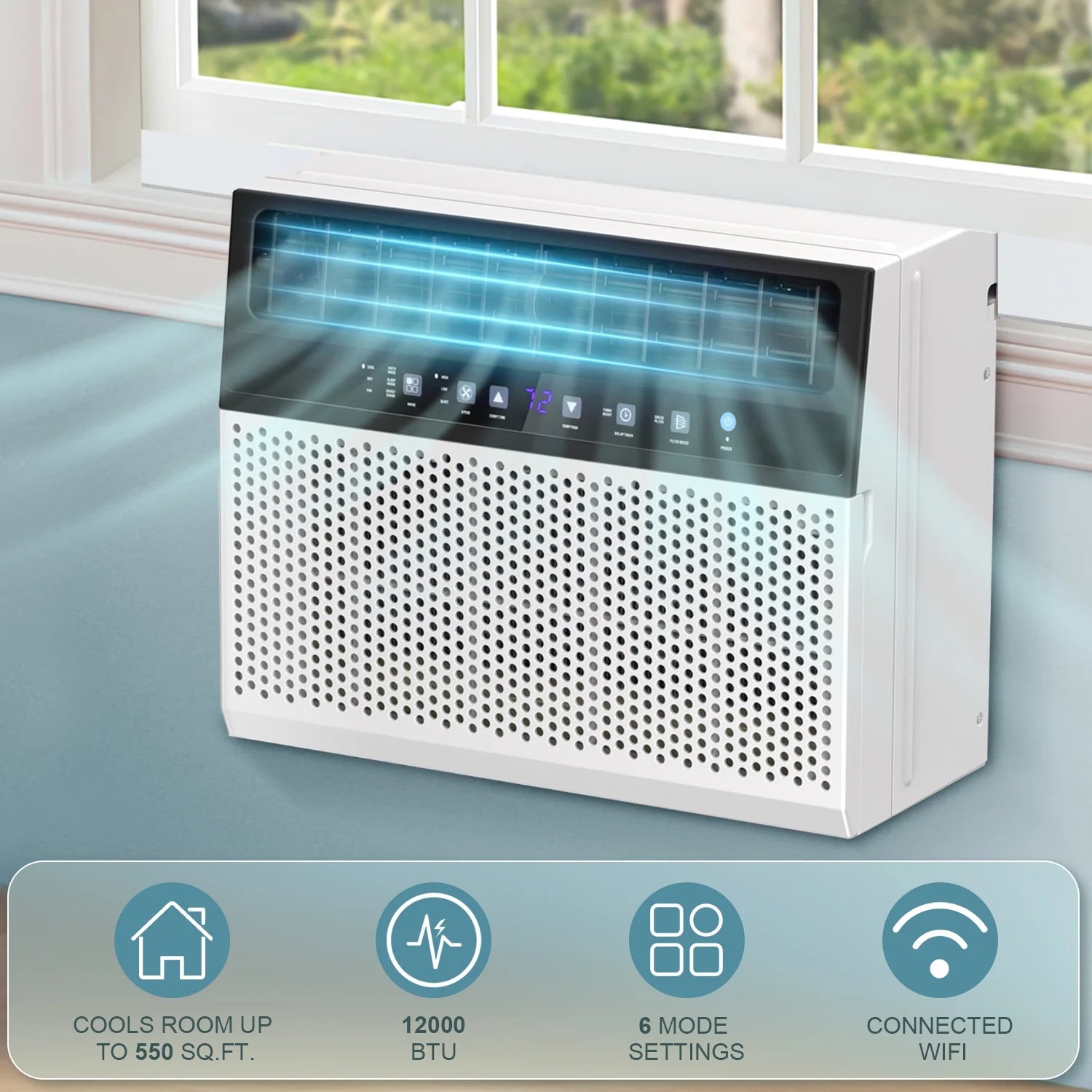Window Air Conditioner, 12,000 BTU Ashrae Cools 550 Sq.Ft, Window AC Unit 6-In-1 Mode, 24-Hour Timing, Remote Control of Room/Office/Apartment