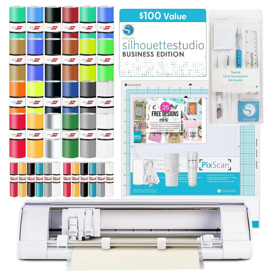 Silhouette America Cameo 5 Alpha (Α) Smart Cutting Machine, Classic White (Deluxe Bundle) - Includes Business Edition Software, 12 HTV, 24 Oracal Vinyl Sheets, Pixscan Mat, Tool Kit & 25 Free Designs