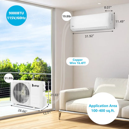 9000 BTU Wifi Enabled 19 Seer Mini Split Air Conditioner & Heater AC 115V