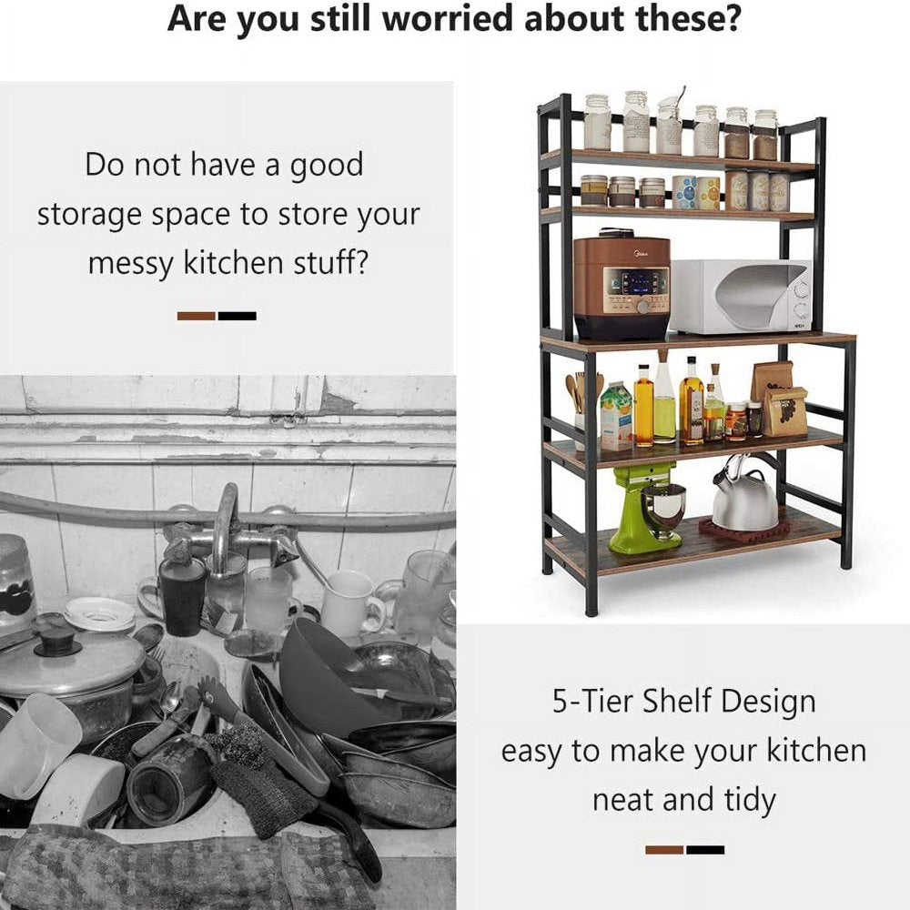 5-Tier Kitchen Bakers Rack with Hutch, Industrial Microwave Oven Stand, Free Standing Kitchen Utility Cart Storage Shelf Organizer (Rustic Brown)