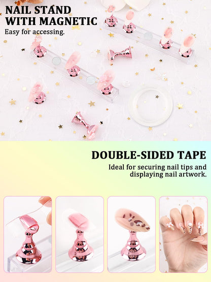 Nail Art Tools Set, Nail Stand for Press on Holder for Painting Nails, Nail Art Brushes, Liner Brushes, Nail Dotting Tool, Must Haves Design Tools Supplies Kit for Nail Tech & Beginners (Pink)