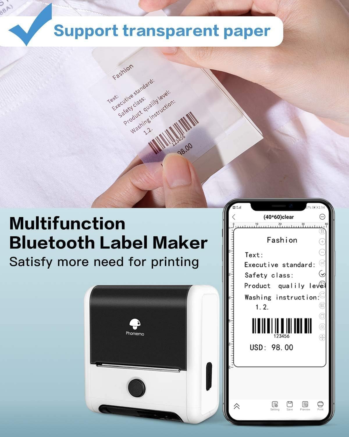 Phomemo Transparent Thermal Labels-3 Roll 390 Labels for M110/M100/M220/M221/M108 Label Printer,1.57"X 2.36" (40Mm X 60Mm), 130 Labels/Roll, for Barcode/Address/Mailing/Logo/Business/Home Tag