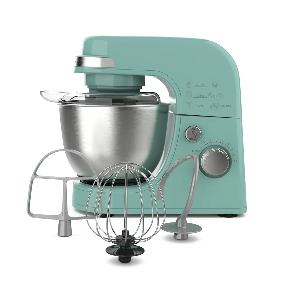 Electric Stand Mixer, 4 Quart Stainless Bowl, 7 Speeds, Tilt-Head, Dough Hook, Whisk and Flat Beater, Splash Guard, 300 Watts, Aqua Blue, 63387