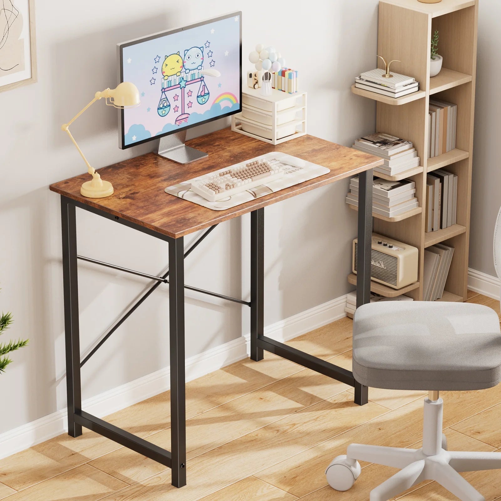 Adult Modern Simple Style with Storage Bag and Iron Hook Small Office Desk, Rust