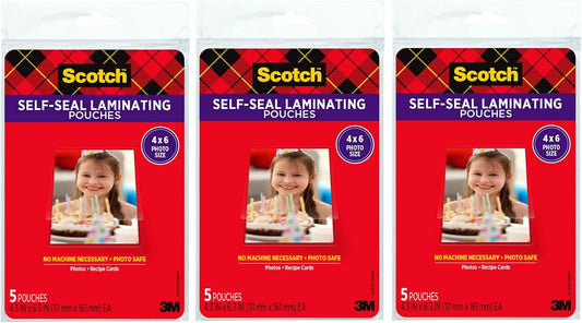 Scotch Self-Sealing Laminating Pouches, 4 X 6 Inches, 3-Pack of 5 Pouches – No Machine Needed, Clear, Photo Safe