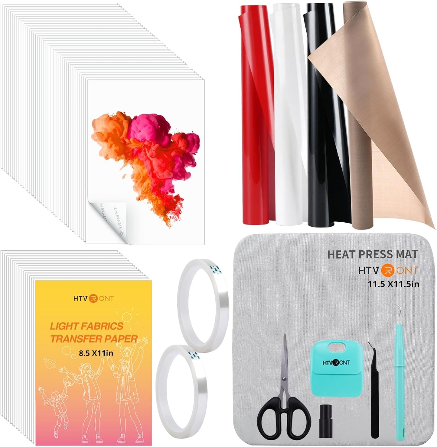 Heat Press Accessories for 10" X 10" Heat Press Machine, Include 3 HTV Vinyl & 150 Sublimation Paper, 20 Heat Transfer Paper, Heat Press Mat, Teflon Sheet, Heat Resistant Tape, Weeding Tools