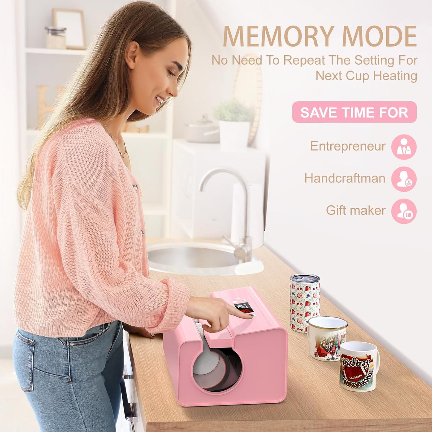 Whubefy Auto Tumbler Heat Press Machine, Pink Mug Heat Press for 10-30Oz 2.9-3.34 Inch Heating Even & Fast, Pro Tumbler Press Machine with Starter Kit, Sublimation for Tumbler, Glass Jar, Can & Mugs