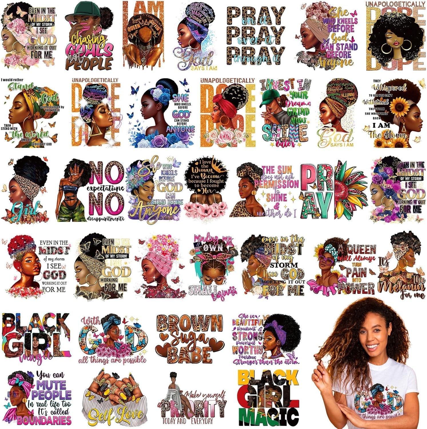 Tellingyou 36 Sheets Iron on Transfers Patches Dtf Ready to Press Vinyl Iron on Patch Embroidered Applique for T Shirt Jacket Pillow Covers Backpack Hoodies DIY Decorations(Black Girl)