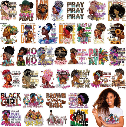 Tellingyou 36 Sheets Iron on Transfers Patches Dtf Ready to Press Vinyl Iron on Patch Embroidered Applique for T Shirt Jacket Pillow Covers Backpack Hoodies DIY Decorations(Black Girl)