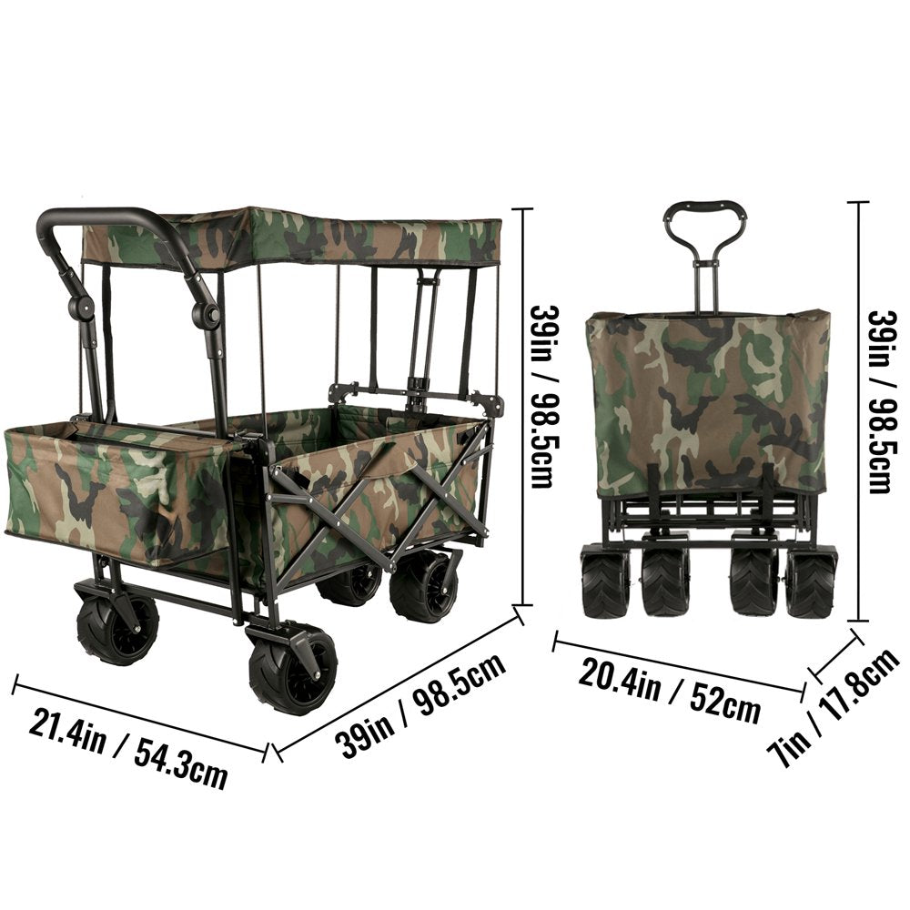 Collapsible Wagon Cart Camouflage, Foldable Wagon Cart Removable Canopy 603D Oxford Cloth, Collapsible Wagon Oversized Wheels, Portable Folding Wagon Adjustable Handles, Beach, Garden