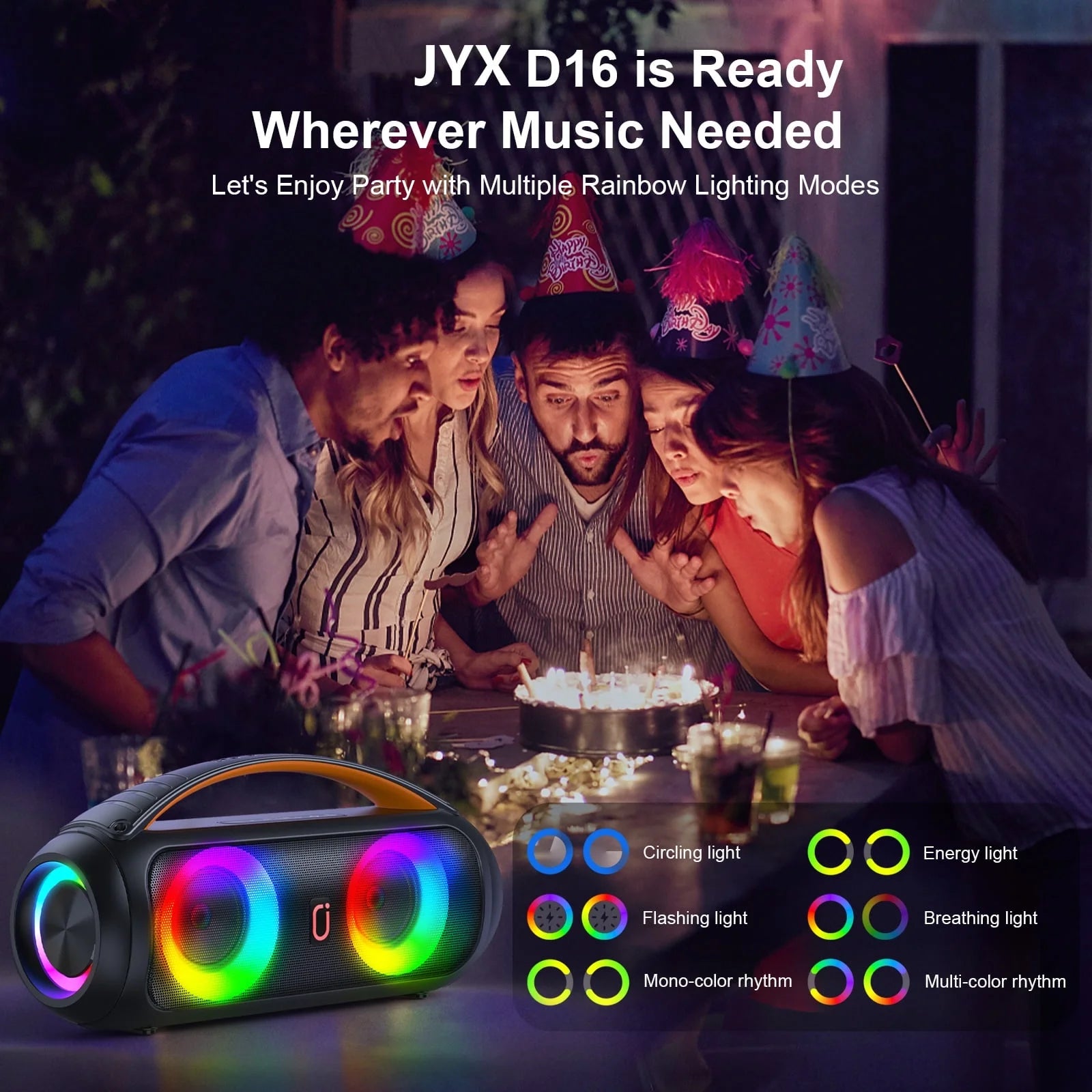 Waterproof Bluetooth Speaker, 40W Stereo Deep Bass, Portable Boombox Party Speaker, Remote Control, D16