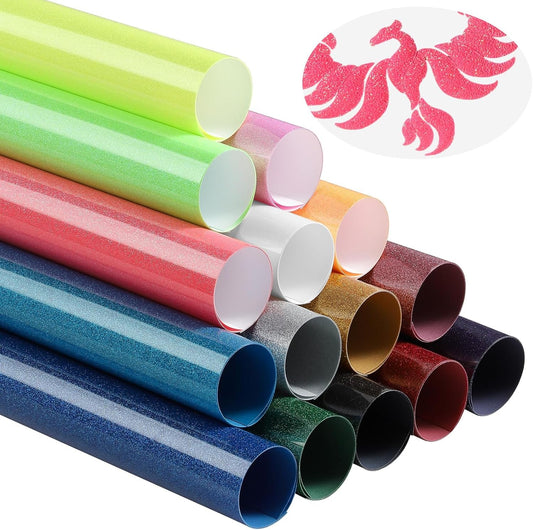 Transwonder Puff-Glitter-Vinyl-Heat-Transfer,15 Colors 12X10" 3D Puff Glitter Heat Transfer Vinyl Bundle for Tshirts Compatible with Cricut Air or Maker (15Pcs)
