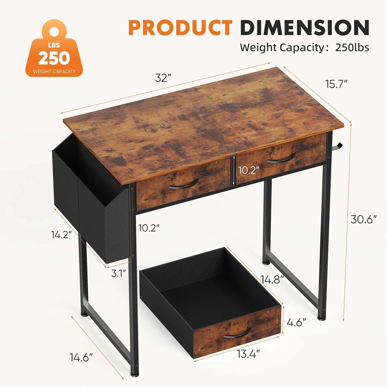32 Inch Desk with 2 Drawers Home Office Computer PC Table with Fabric Storage Bag, Study Writing Wood Deskboard for Small Spaces,Rust Brown
