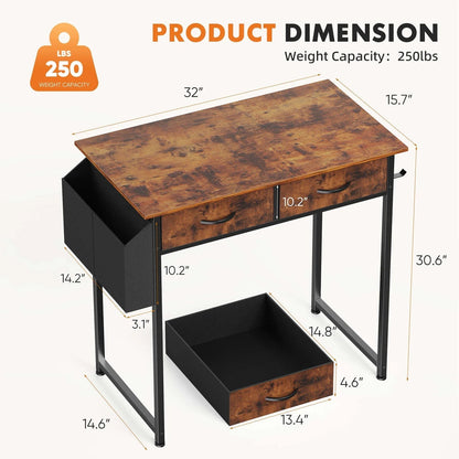 32 Inch Desk with 2 Drawers Home Office Computer PC Table with Fabric Storage Bag, Study Writing Wood Deskboard for Small Spaces,Rust Brown