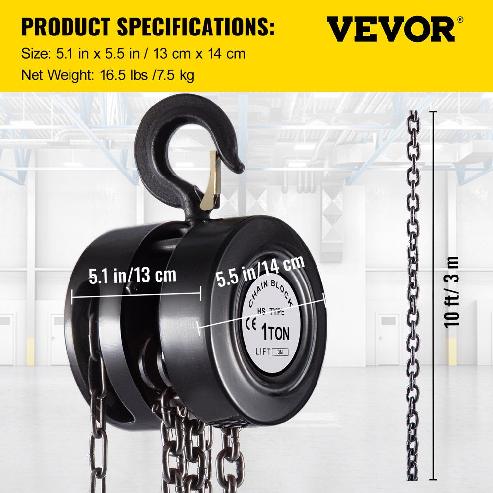 Hand Chain Hoist, 1Ton/10Ft Chain Block, Manual Hand Chain Block, Manual Hoist W/Industrial-Grade Steel Construction for Lifting Good in Transport & Workshop, Black