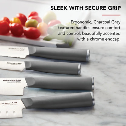 Classic 12-Piece Japanese Steel Knife Block Set with Built-In Knife Sharpener, Charcoal Gray