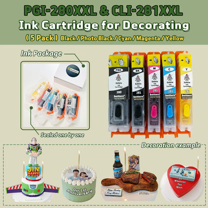 Edible Ink Bundle- Refill 4 Bottles W/ Tools & PGI 280/281 Edible Cartridge,5Set