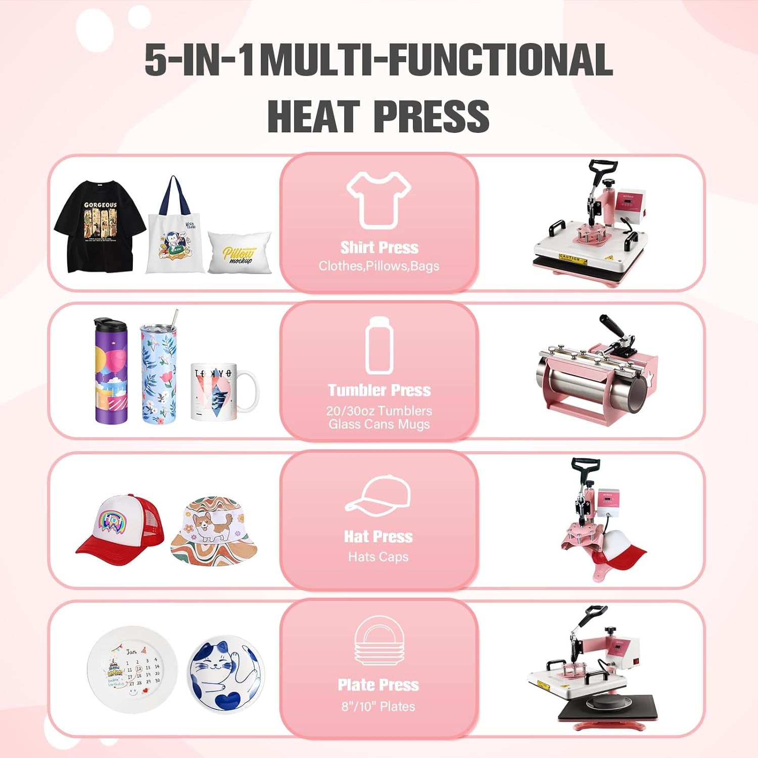 Bettersub 5 in 1 Heat Press Machine 12X15 Inch, Industrial-Quality Sublimation Press with 30Oz Tumbler Attachment & Curved Hat Plate, 360° Swivel Design for T-Shirts, Vinyl, DTF Film - Pink