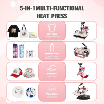 Bettersub 5 in 1 Heat Press Machine 12X15 Inch, Industrial-Quality Sublimation Press with 30Oz Tumbler Attachment & Curved Hat Plate, 360° Swivel Design for T-Shirts, Vinyl, DTF Film - Pink