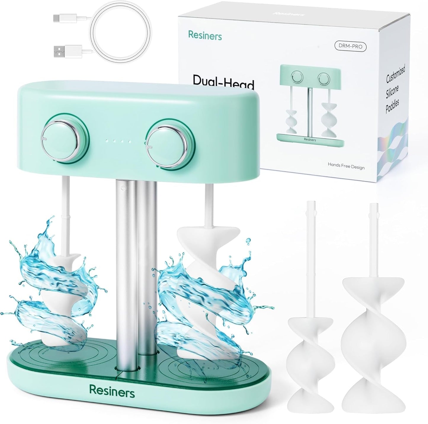 Dual-Head Resin Mixer with Spiral Silicone Paddles, Rechargeable Epoxy Mixer, Stepless Speed & Minimum Bubbles, Electric Stirrer for Resin,Silicone,Paint Mixing,Resin Tools,Diy Crafts