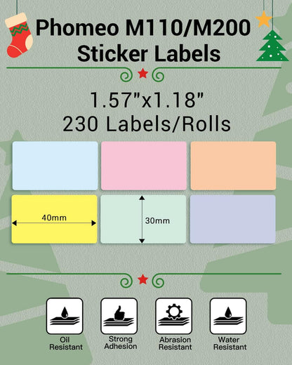 Phomemo Sticker Labels 1.57"X1.18"(40X30Mm) 6 Rolls, for M110/M110S/M120/M200/M220 Printer - Pink/Blue/Khaki/Green/Yellow/Purple, for Small Business, Home, Office, 230 Labels/Roll