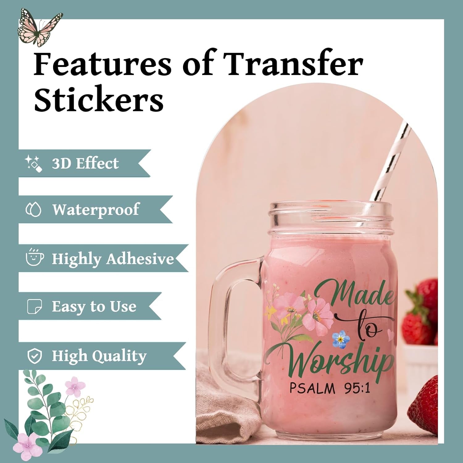 Bible Verse UV DTF Decals - 20 Sheets Christian Motivational Quotes Uvdtf Cup Wraps for 16 Oz Glass Coffee Mug, Flower Butterfly Transfer Stickers DIY Water Bottle Craft Decor Religious Gifts for Mom