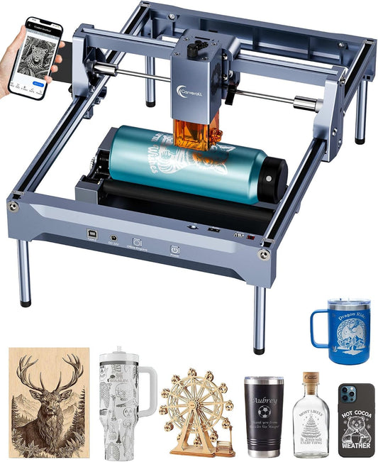K15 Pro 10W Laser Engraver + Y-Axis Rotary Roller Bundle - 2-In-1 CNC Laser Cutter for Flat/Cylindrical Objects, near A4 Workspace, 10000Mw, Class 1