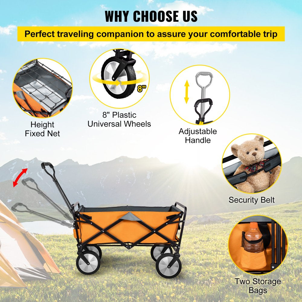 brand Collapsible Wagon Cart ,Folding Wagon Cart , 176 Lbs Load Beach Wagon Oversized Wheels, Portable Folding Wagon Adjustable Handles for Beach, Garden, Sports, Camping, Orange & Gray