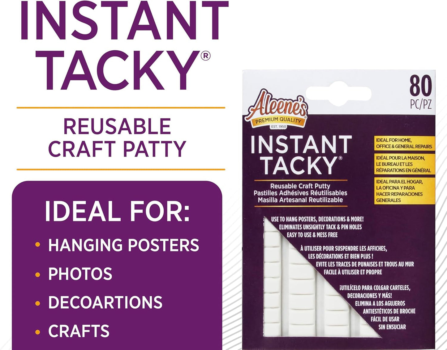 Aleene'S Instant Tcky Reusable Craft Putty, Hang Posters, Decorations, Home Repairs, Easy to Use, Repositionable and Mess Free, 80 Piece