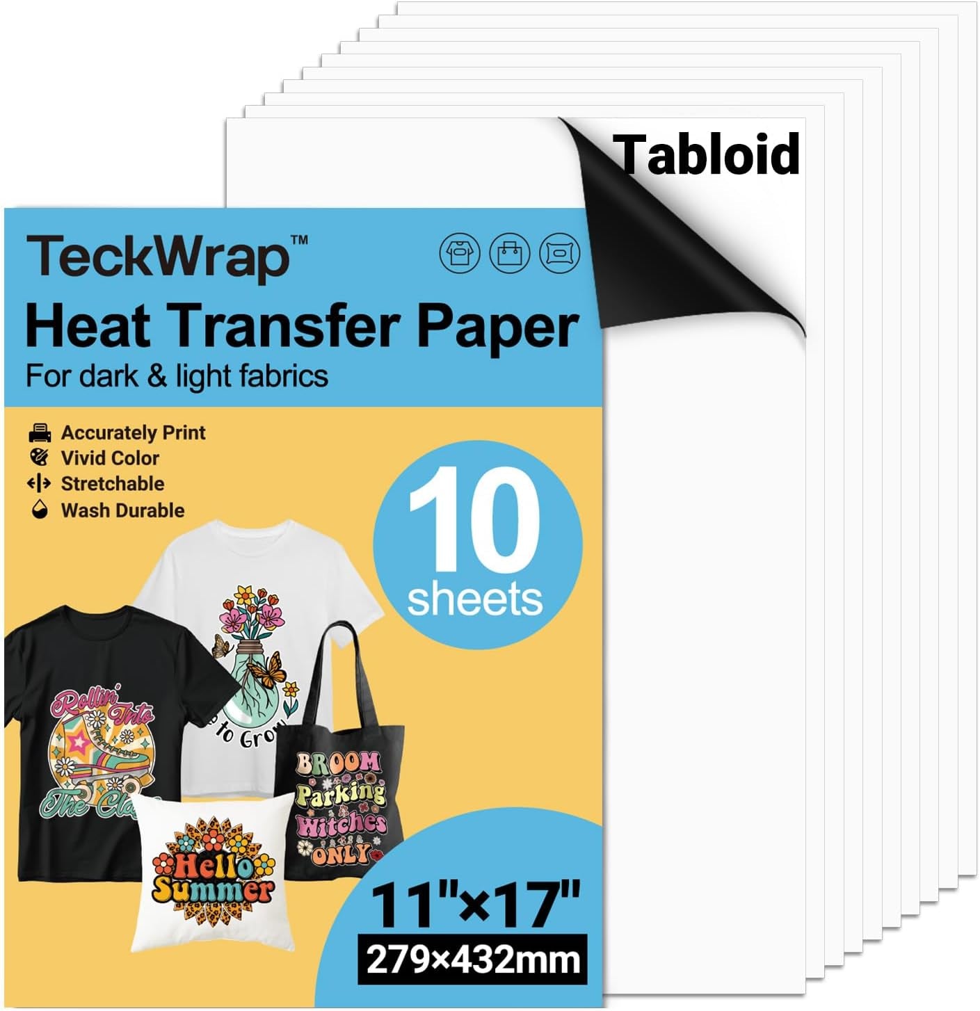 Printable Heat Transfer Paper for T-Shirts 10 Sheets, 11" X 17" Printable Heat Transfer Vinyl for Inkjet Printer, Iron on Transfer Paper for Light and Dark Fabric (Matte)