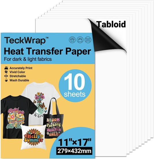 Printable Heat Transfer Paper for T-Shirts 10 Sheets, 11" X 17" Printable Heat Transfer Vinyl for Inkjet Printer, Iron on Transfer Paper for Light and Dark Fabric (Matte)