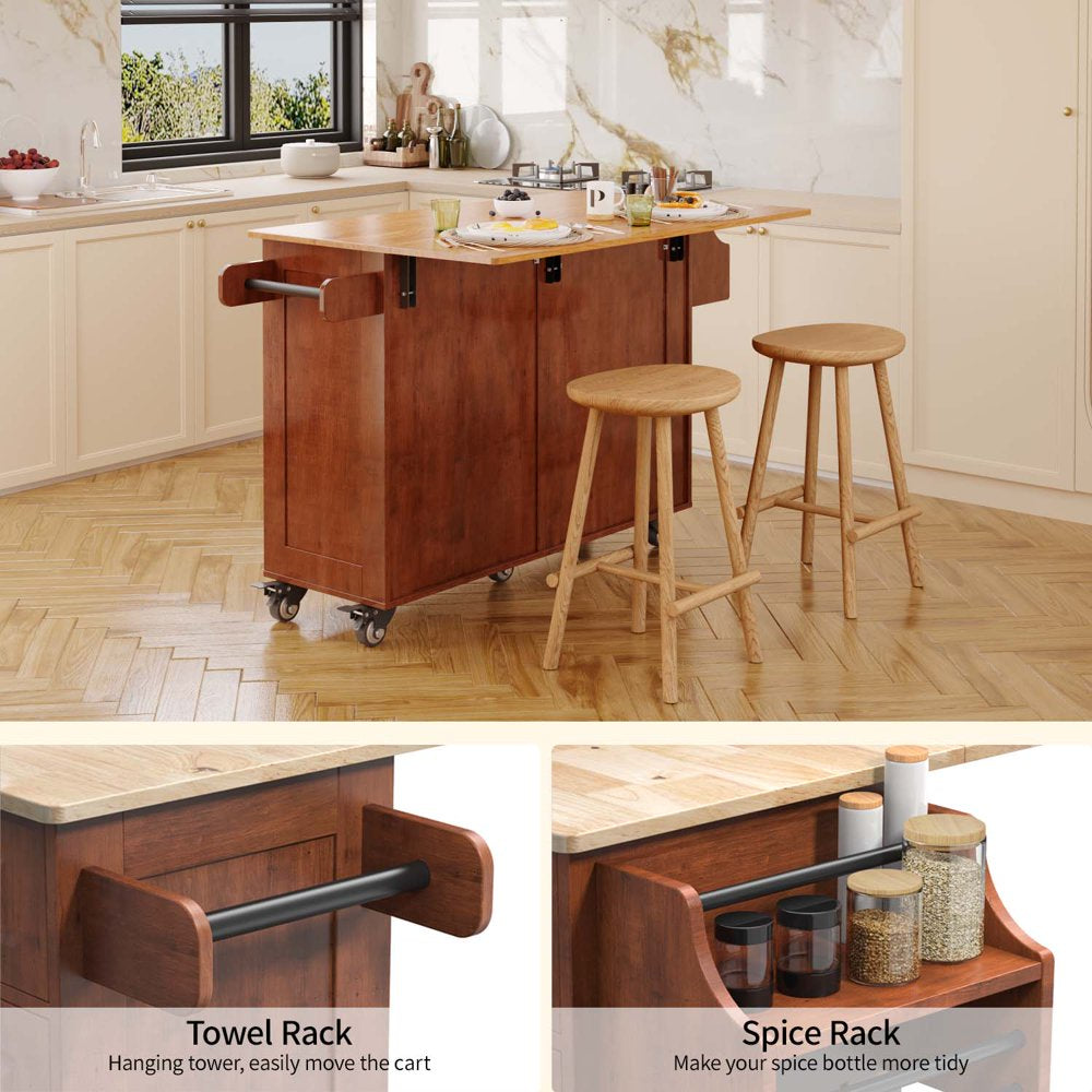 Kitchen Islands with Storage, Kitchen Island Cart with Wood Drop Leaf and Lockable Wheels, Brown