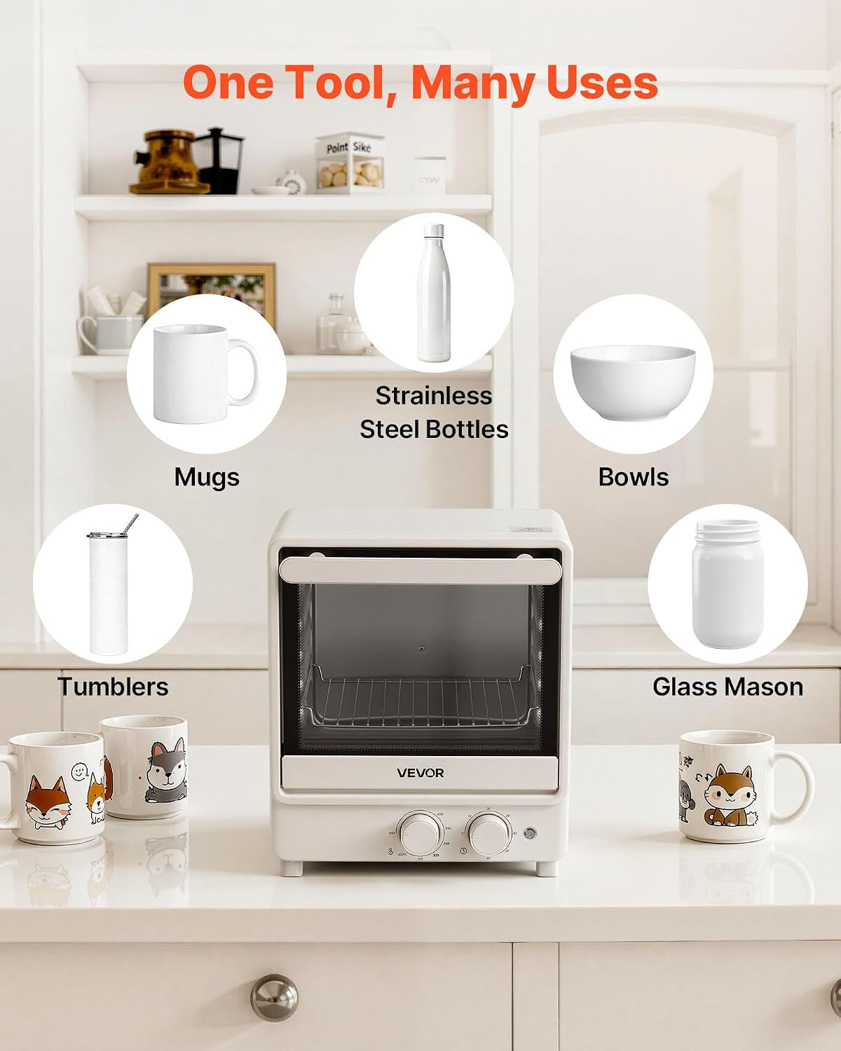 VEVOR Sublimation Oven Machine, 13 Qt, Fits 20Oz Tumblers, with 1 Heat Air Gun, 50 Shrink Films, 1 Tape and 2 Heat Gloves, Oven for Sublimation Blank Tumblers, Mugs, Bowls, Off-White
