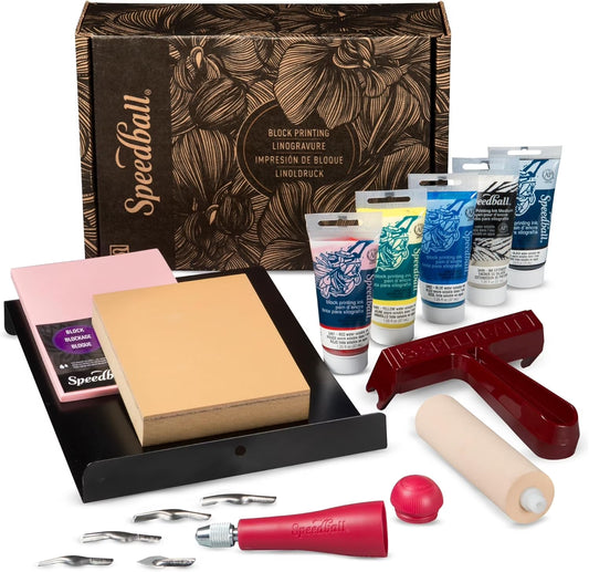 Deluxe Block Printing Kit - Includes Inks, Brayer, Bench Hook, Lino Handle and Cutters, Speedy-Carve Block, Mounted Linoleum Block