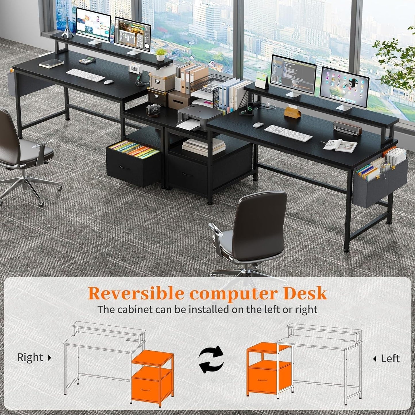 56.5" Computer Desk with Monitor Stand, Office Desk with Fabric File Cabinet, Gaming Computer Desk for Home Office Bedroom, Black