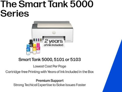 HP Smart Tank 5000 Wireless All-In-One Ink Tank Printer, Scanner, Copier with 2 Years of Ink Included, Best-For-Home, Cartridge-Free, Refillable and Ai-Enabled. (5D1B6A)
