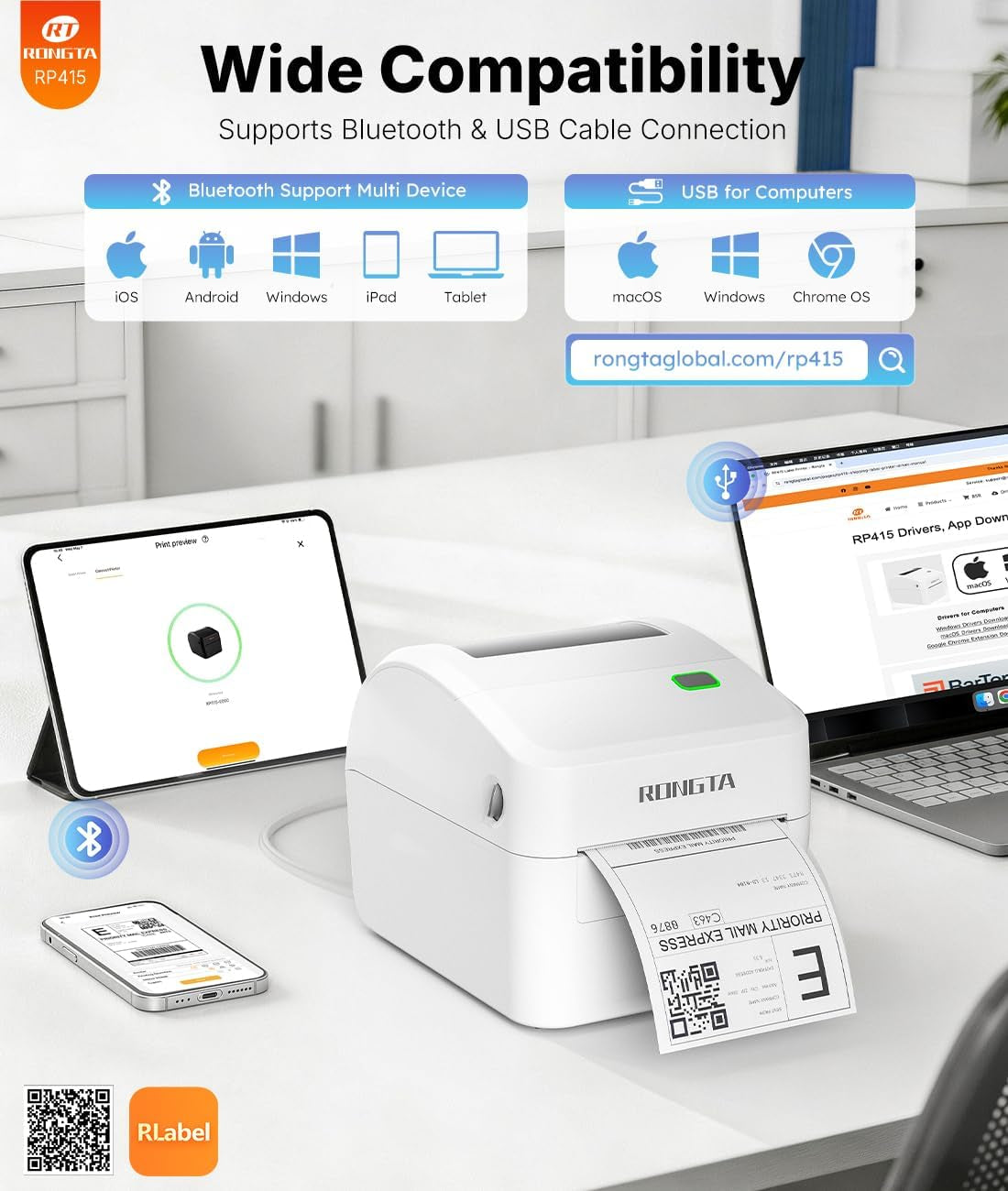 Rongta Bluetooth Thermal Shipping Label Printer, Wireless 4X6 Label Sticker Printer for Shipping Packages, Support Android, Iphone, Widely Used for Amazon, Ebay, Shopify, Etsy, UPS, White