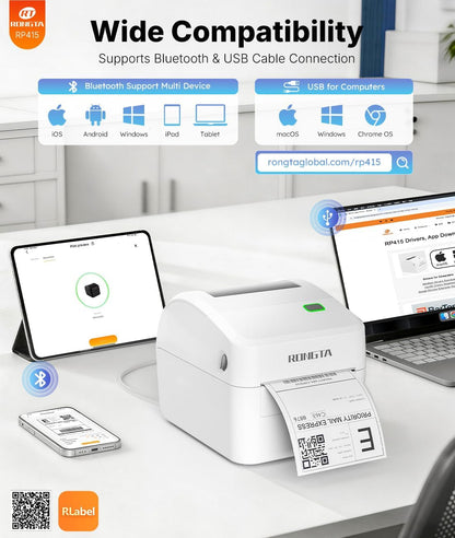 Rongta Bluetooth Thermal Shipping Label Printer, Wireless 4X6 Label Sticker Printer for Shipping Packages, Support Android, Iphone, Widely Used for Amazon, Ebay, Shopify, Etsy, UPS, White